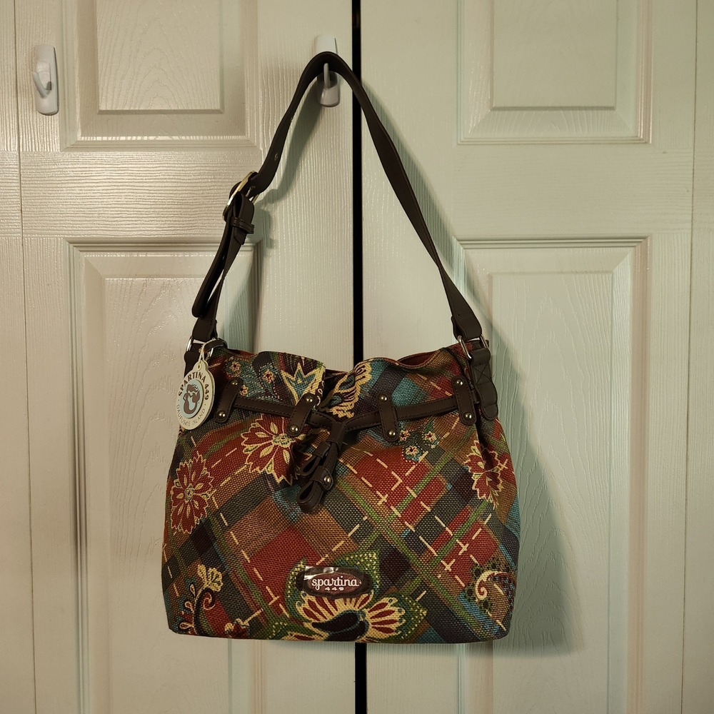 Spartina 449 Daufuskie Island Linen Leather Floral Plaid Shoulder Bag Hobo Multi